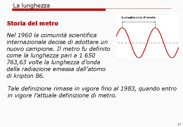 La lunghezza Storia del metro Nel 1960 la comunità scientifica internazionale decise di adottare La lunghezza Storia del metro Nel 1960 la comunità scientifica internazionale decise di adottare
