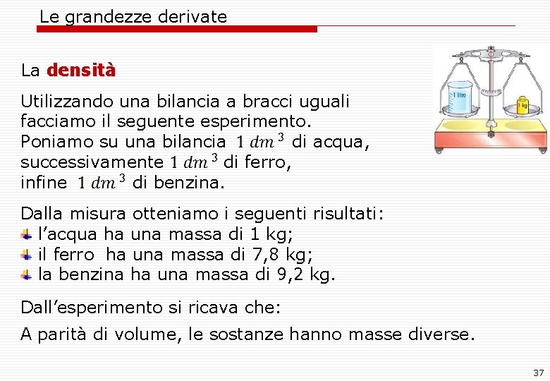 Le grandezze derivate La densità Utilizzando una bilancia a bracci uguali facciamo il Le grandezze derivate La densità Utilizzando una bilancia a bracci uguali facciamo il