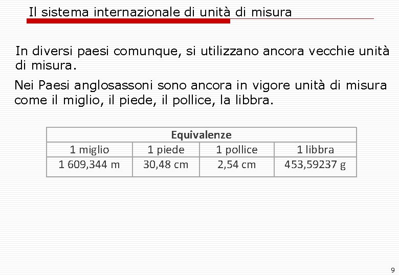 Il sistema internazionale di unità di misura In diversi paesi comunque, si utilizzano ancora Il sistema internazionale di unità di misura In diversi paesi comunque, si utilizzano ancora