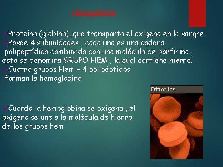 Hemoglobina ØProteína (globina), que transporta el oxigeno en la sangre ØPosee 4 subunidades ,