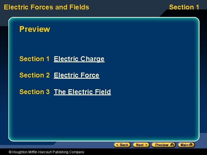 Electric Forces and Fields Preview Section 1 Electric Charge Section 2 Electric Force Section