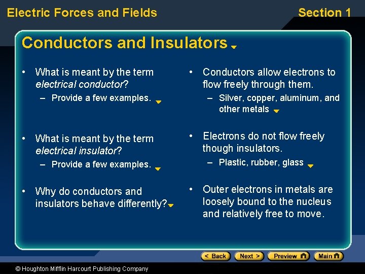 Electric Forces and Fields Section 1 Conductors and Insulators • What is meant by