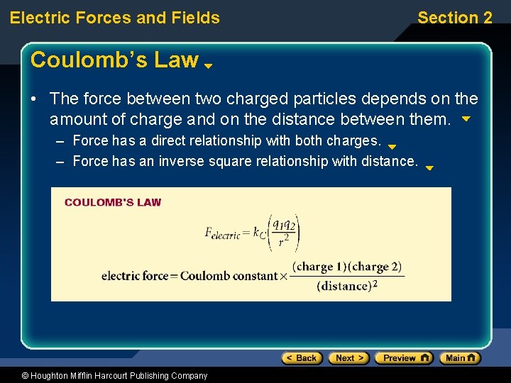 Electric Forces and Fields Section 2 Coulomb’s Law • The force between two charged