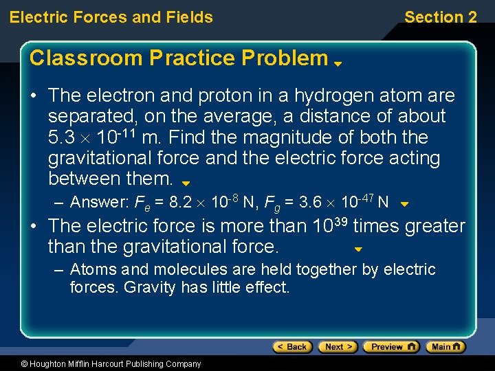 Electric Forces and Fields Section 2 Classroom Practice Problem • The electron and proton