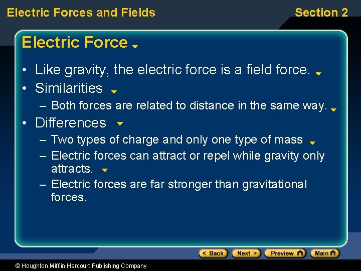 Electric Forces and Fields Section 2 Electric Force • Like gravity, the electric force