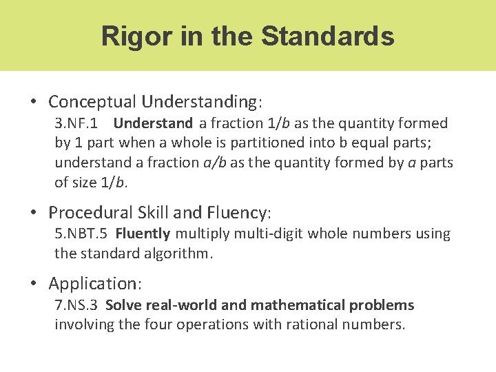 Rigor in the Standards • Conceptual Understanding: 3. NF. 1 Understand a fraction 1/b