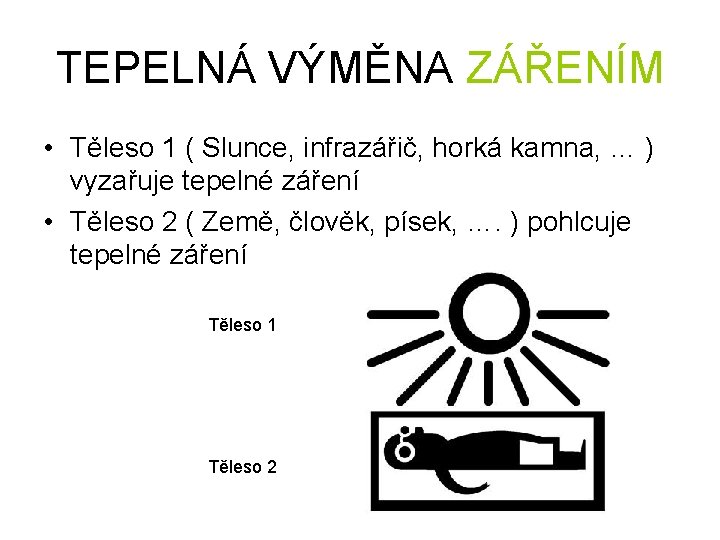 TEPELNÁ VÝMĚNA ZÁŘENÍM • Těleso 1 ( Slunce, infrazářič, horká kamna, … ) vyzařuje