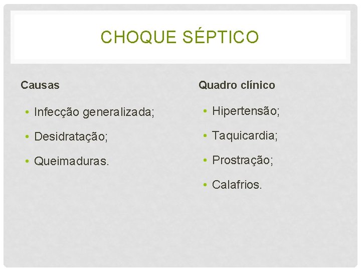 CHOQUE SÉPTICO Causas Quadro clínico • Infecção generalizada; • Hipertensão; • Desidratação; • Taquicardia;