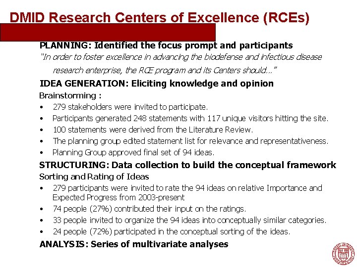 DMID Research Centers of Excellence (RCEs) PLANNING: Identified the focus prompt and participants “In