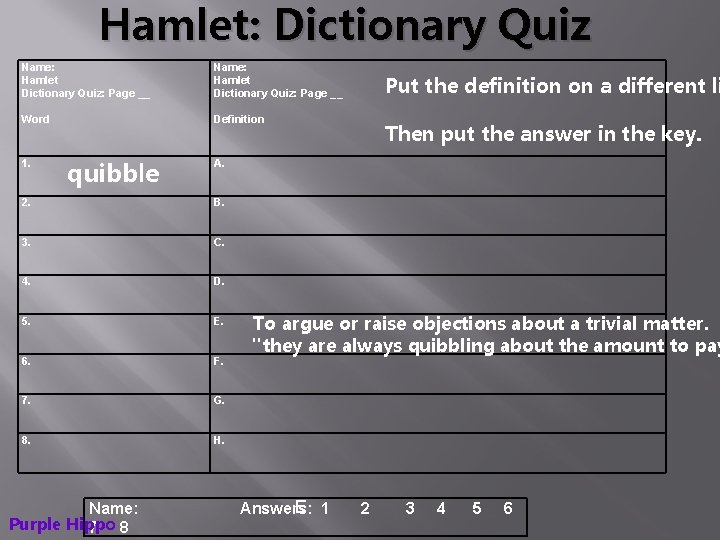 Hamlet: Dictionary Quiz Name: Hamlet Dictionary Quiz: Page __ Name: Hamlet Dictionary Quiz: Page