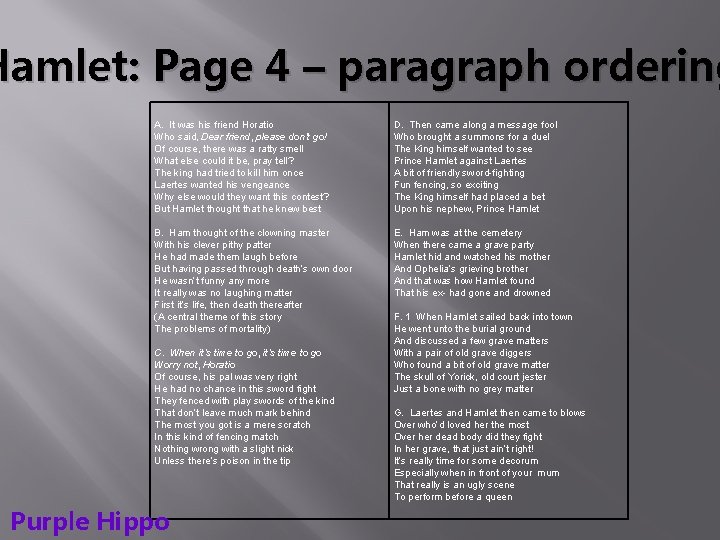 Hamlet: Page 4 – paragraph ordering A. It was his friend Horatio Who said,