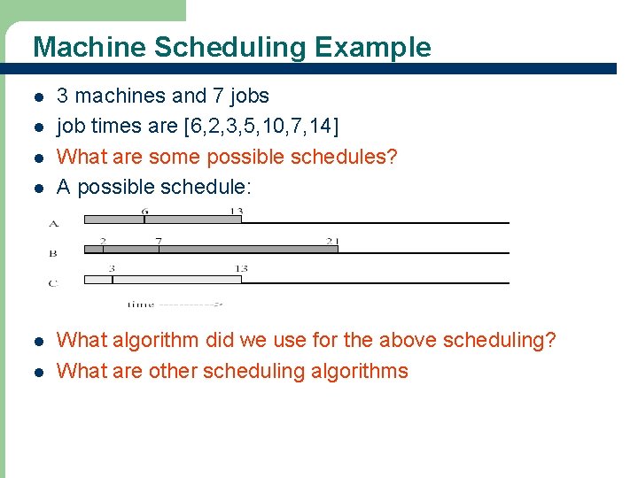 Machine Scheduling Example l l l 69 3 machines and 7 jobs job times