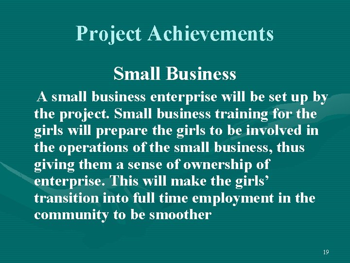 Project Achievements Small Business A small business enterprise will be set up by the