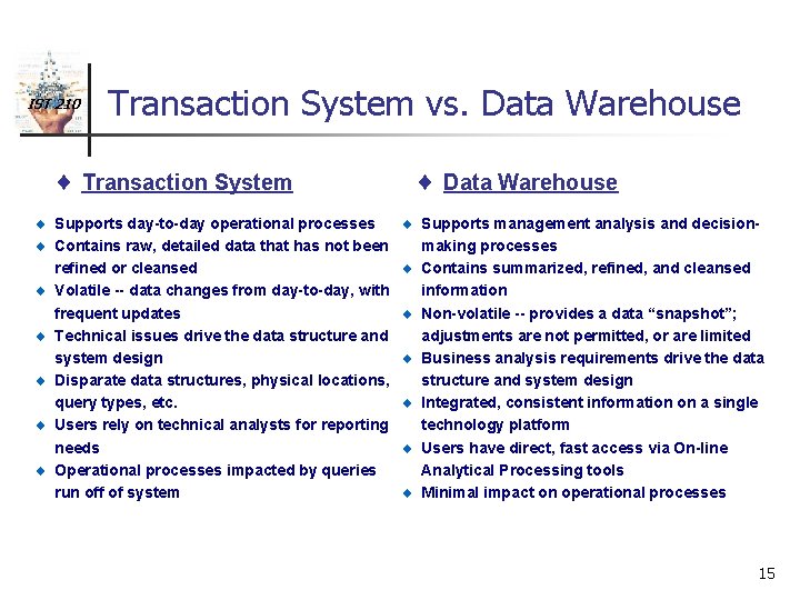 IST 210 Transaction System vs. Data Warehouse ¨ Transaction System ¨ Supports day-to-day operational