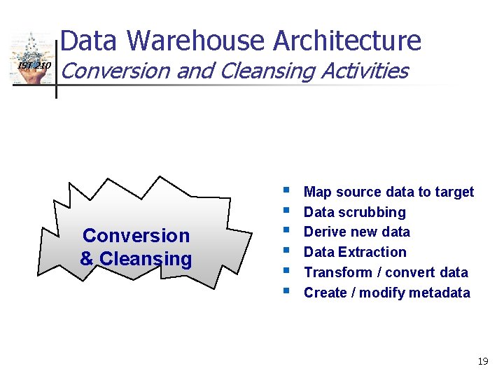 Data Warehouse Architecture IST 210 Conversion and Cleansing Activities Conversion & Cleansing § §