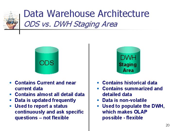 Data Warehouse Architecture IST 210 ODS vs. DWH Staging Area ODS § Contains Current