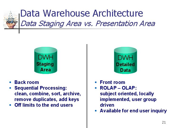 Data Warehouse Architecture IST 210 Data Staging Area vs. Presentation Area DWH Staging Area