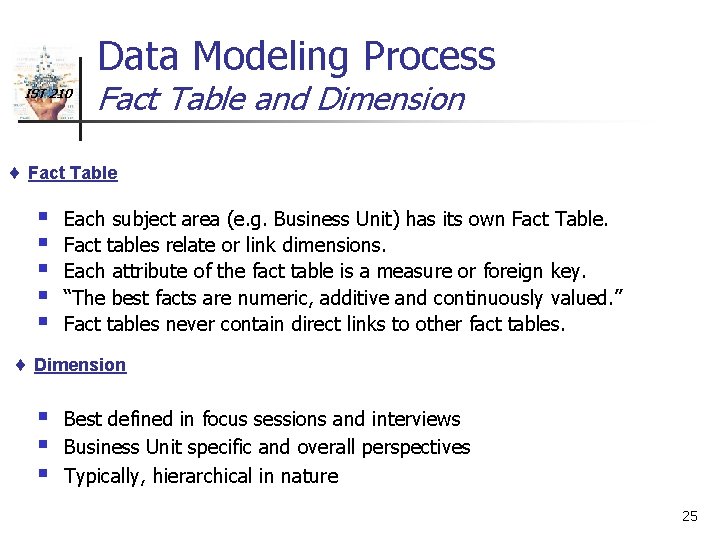 Data Modeling Process IST 210 Fact Table and Dimension ¨ Fact Table § §