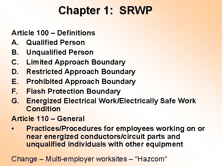 Chapter 1: SRWP Article 100 – Definitions A. Qualified Person B. Unqualified Person C.