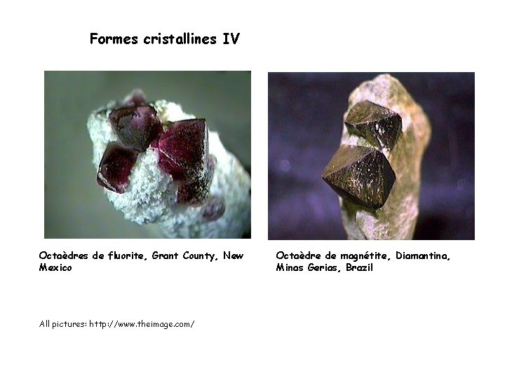 Formes cristallines IV Octaèdres de fluorite, Grant County, New Mexico All pictures: http: //www.