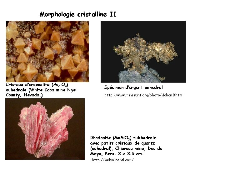 Morphologie cristalline II Cristaux d’arsenolite (As 2 O 3) euhedrale (White Caps mine Nye