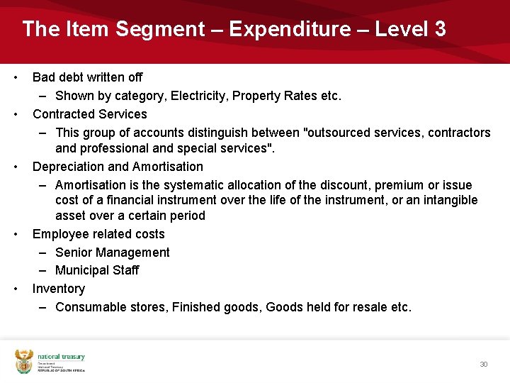 The Item Segment – Expenditure – Level 3 • • • Bad debt written