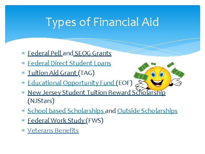 Types of Financial Aid Federal Pell and SEOG Grants Federal Direct Student Loans Tuition