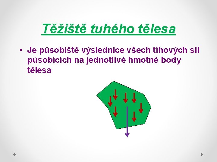 Těžiště tuhého tělesa • Je působiště výslednice všech tíhových sil působících na jednotlivé hmotné