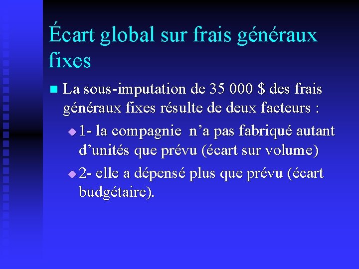 Écart global sur frais généraux fixes La sous-imputation de 35 000 $ des frais