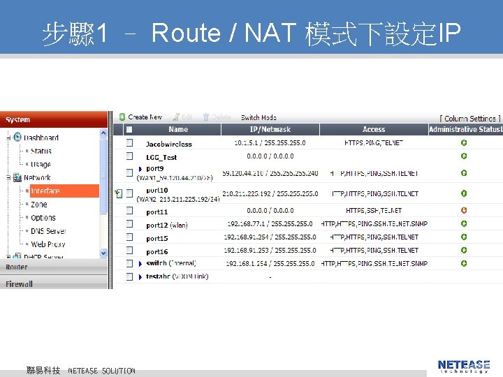 步驟 1 – Route / NAT 模式下設定IP 聯易科技 © 2010 NETEASE Tech. CO. ,