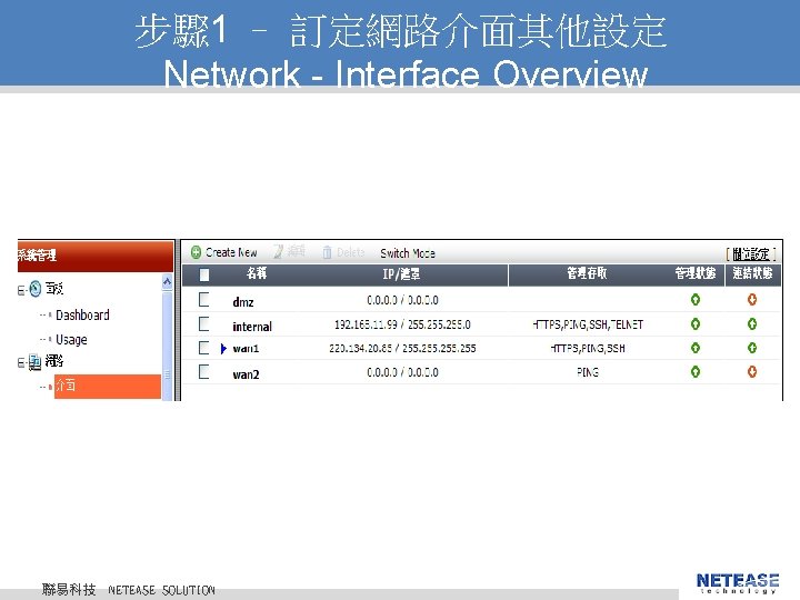 步驟 1 – 訂定網路介面其他設定 Network - Interface Overview 聯易科技 © 2010 NETEASE Tech. CO.