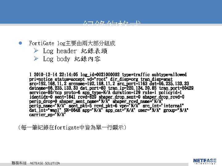 紀錄的格式 l Forti. Gate log主要由兩大部分組成 Ø Log header 紀錄表頭 Ø Log body 紀錄內容 1