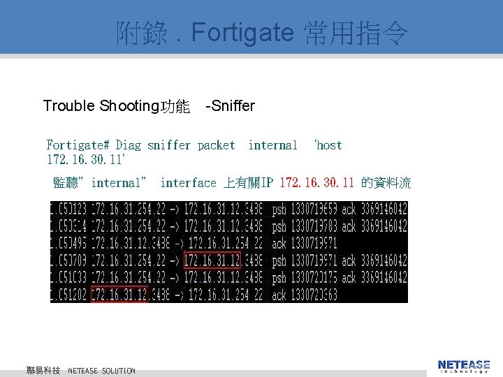 附錄. Fortigate 常用指令 Trouble Shooting功能 -Sniffer Fortigate# Diag sniffer packet 172. 16. 30. 11’
