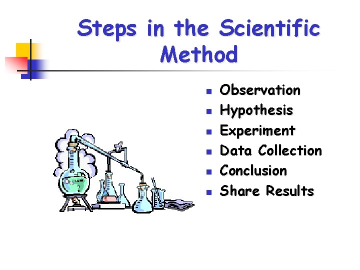 Steps in the Scientific Method n n n Observation Hypothesis Experiment Data Collection Conclusion