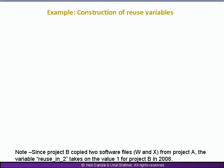 Example: Construction of reuse variables Note –Since project B copied two software files (W