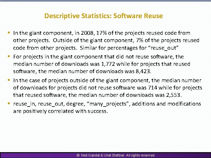 Descriptive Statistics: Software Reuse § In the giant component, in 2008, 17% of the