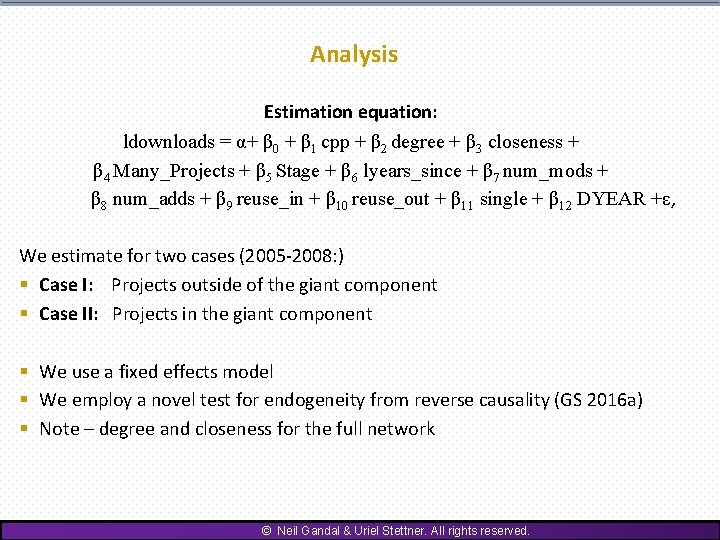 Analysis Estimation equation: ldownloads = α+ β 0 + β 1 cpp + β