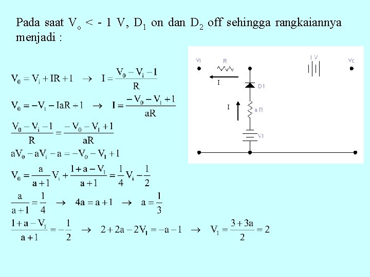 Pada saat Vo < - 1 V, D 1 on dan D 2 off