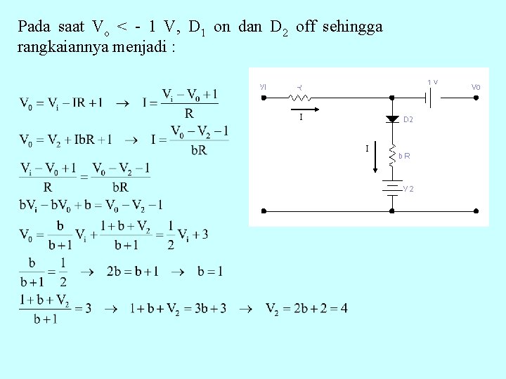 Pada saat Vo < - 1 V, D 1 on dan D 2 off