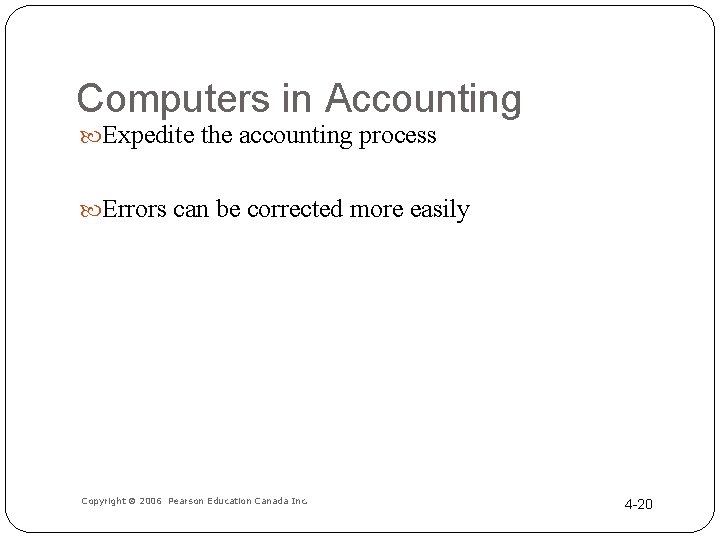 Computers in Accounting Expedite the accounting process Errors can be corrected more easily Copyright