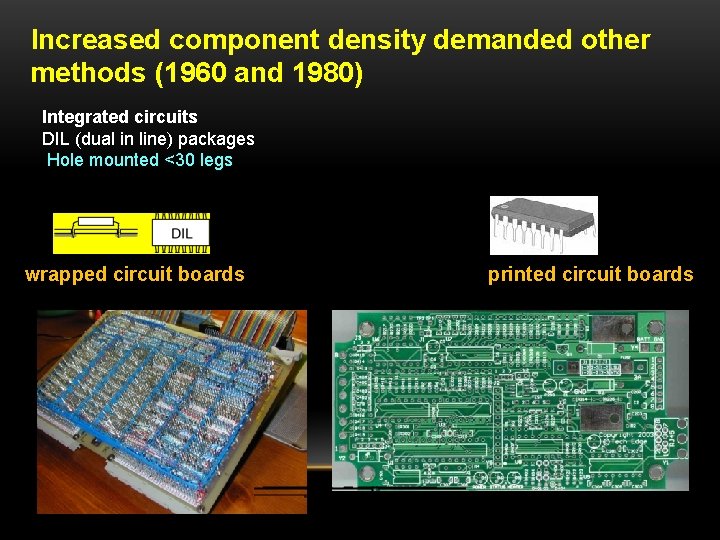  Increased component density demanded other methods (1960 and 1980) Integrated circuits DIL (dual