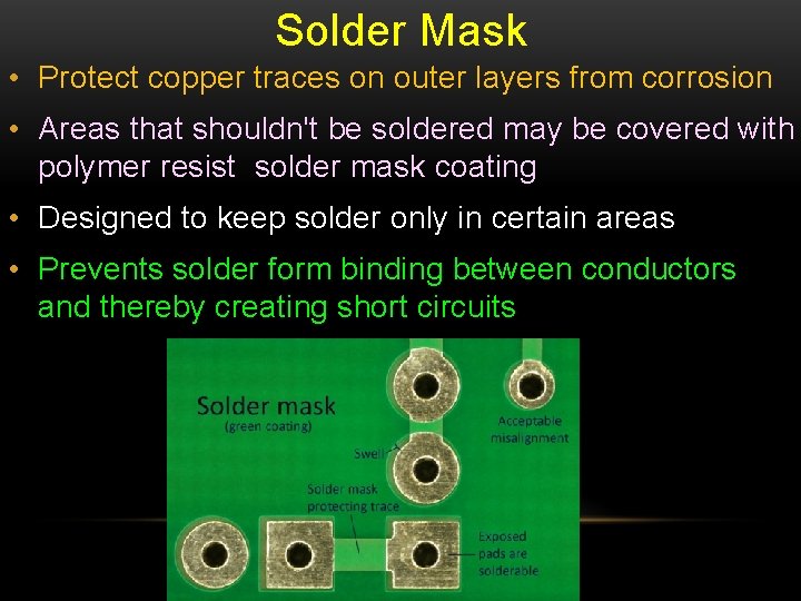 Solder Mask • Protect copper traces on outer layers from corrosion • Areas that