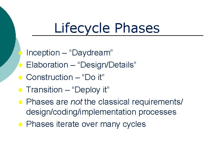 Lifecycle Phases Inception – “Daydream” Elaboration – “Design/Details” Construction – “Do it” Transition –