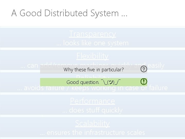 A Good Distributed System … Transparency … looks like one system Flexibility … can