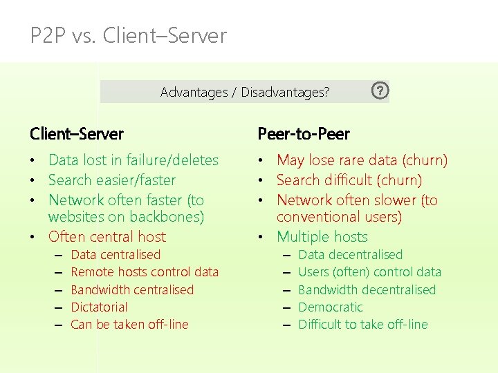 P 2 P vs. Client–Server Advantages / Disadvantages? Client–Server Peer-to-Peer • Data lost in