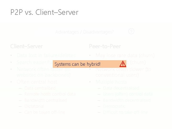 P 2 P vs. Client–Server Advantages / Disadvantages? Client–Server Peer-to-Peer • Data lost in