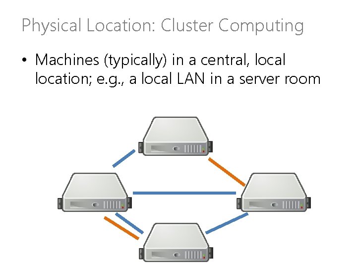 Physical Location: Cluster Computing • Machines (typically) in a central, local location; e. g.