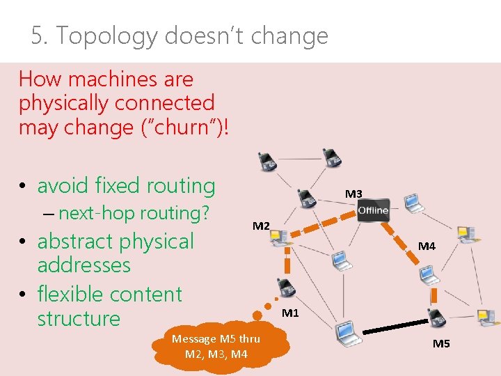 5. Topology doesn’t change How machines are physically connected may change (“churn”)! • avoid