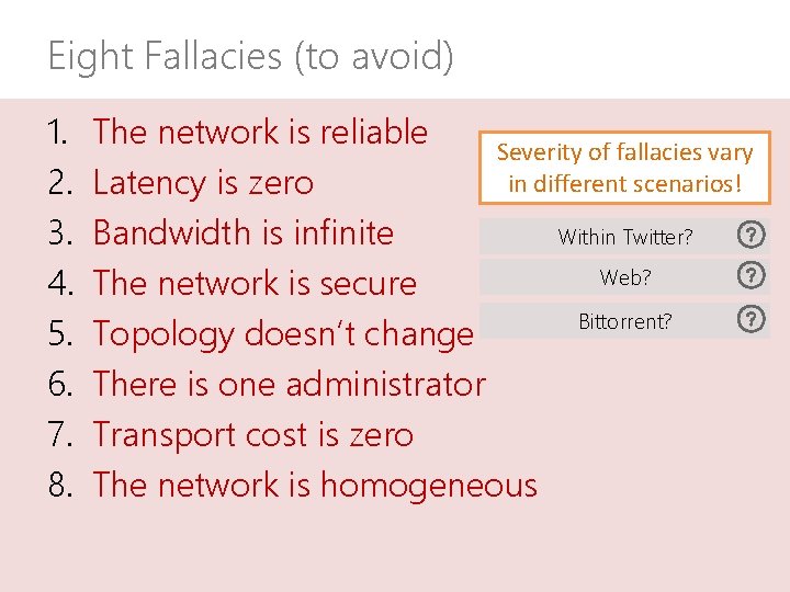 Eight Fallacies (to avoid) 1. 2. 3. 4. 5. 6. 7. 8. The network