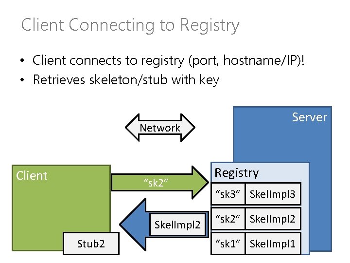 Client Connecting to Registry • Client connects to registry (port, hostname/IP)! • Retrieves skeleton/stub